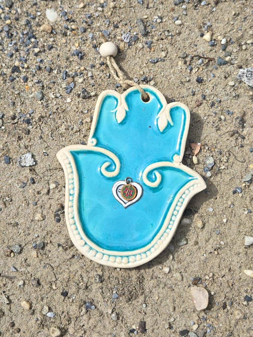 Hamsa Turquoise Pottery 1990 Art Nurit Teva Israel Protective Hand Evil Eye, Tag